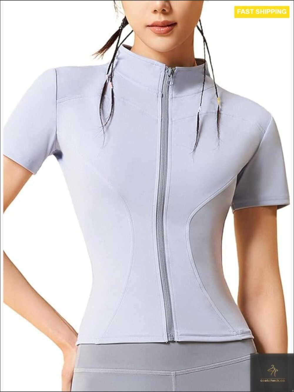 Slim Fit Zip-Up Athletic Jacket Short Sleeve Stand Collar Workout Yoga